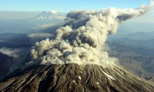 The eruption of Mount St. Helens in Washington state in October 2004.